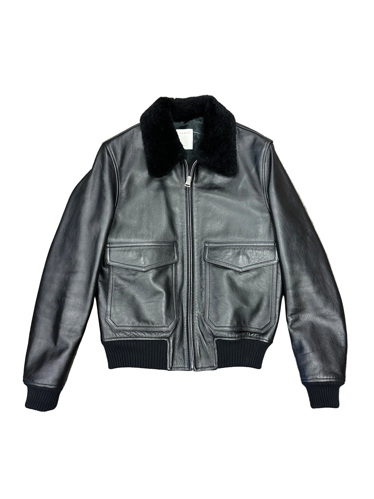 Sandro Black Leather Aviator Bomber Jacket with Shearling Collar