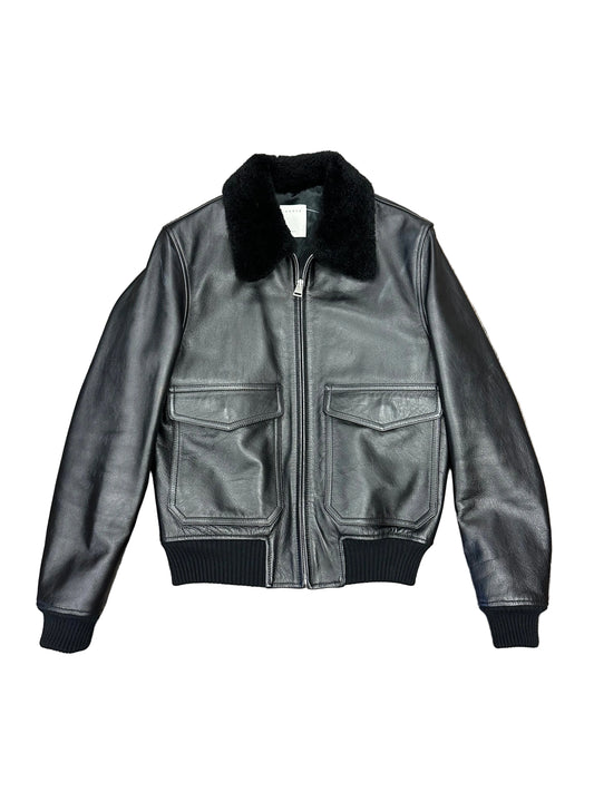 Sandro Black Leather Aviator Bomber Jacket with Shearling Collar