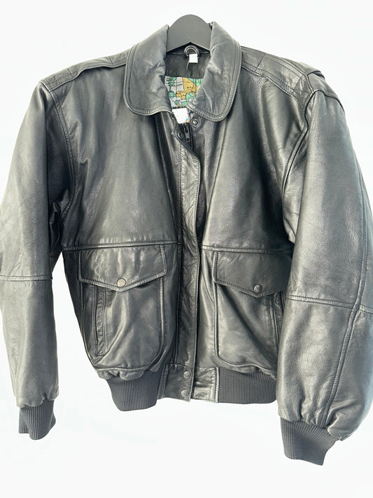 Vintage Black Leather Bomber Jacket