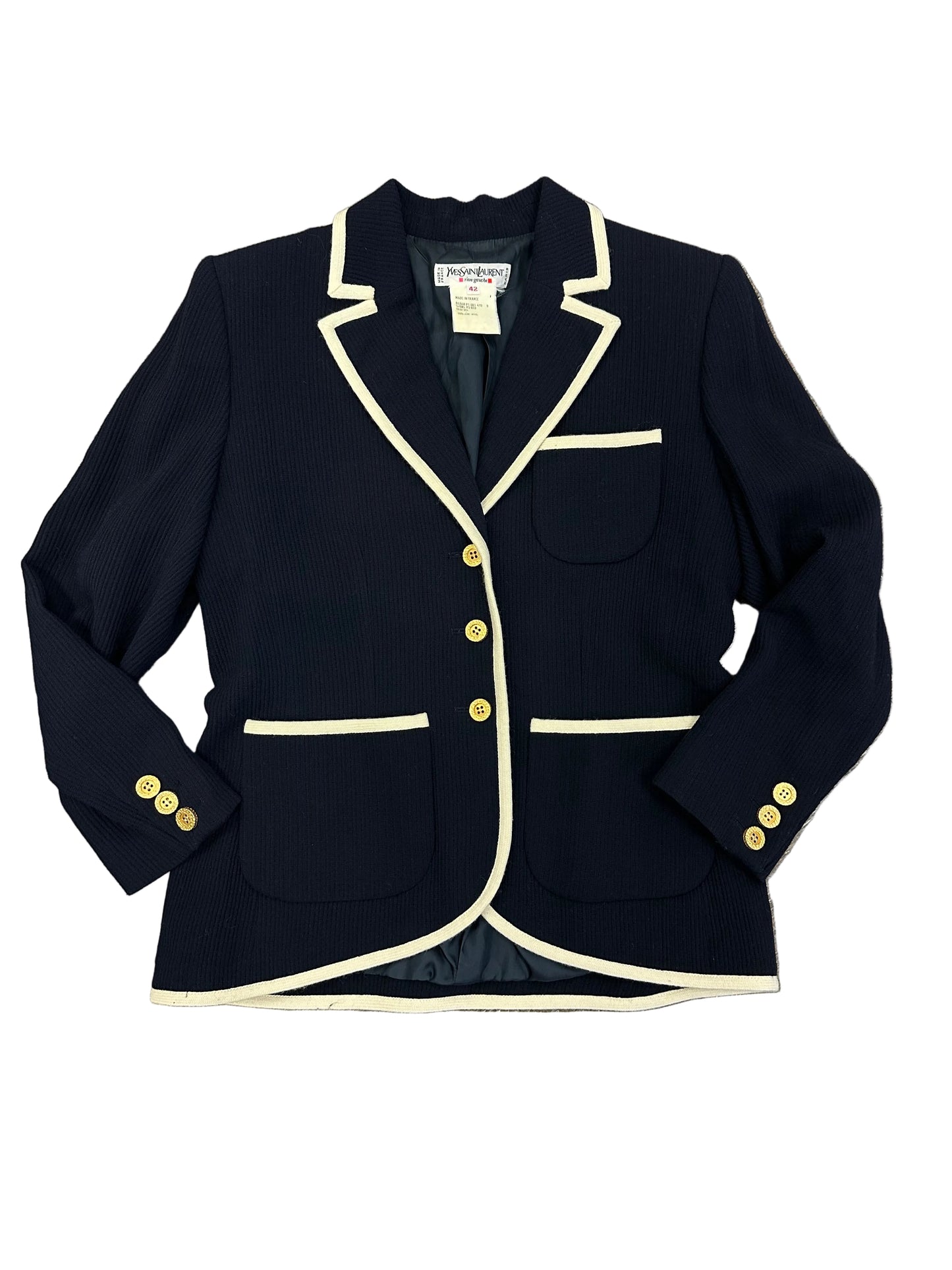 Vintage Yves Saint Laurent Navy Blazer with Ivory Trim