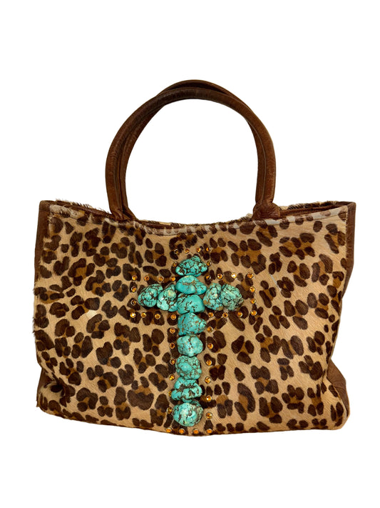 Vintage Ponyhair Leopard Tote with Turquoise Cross