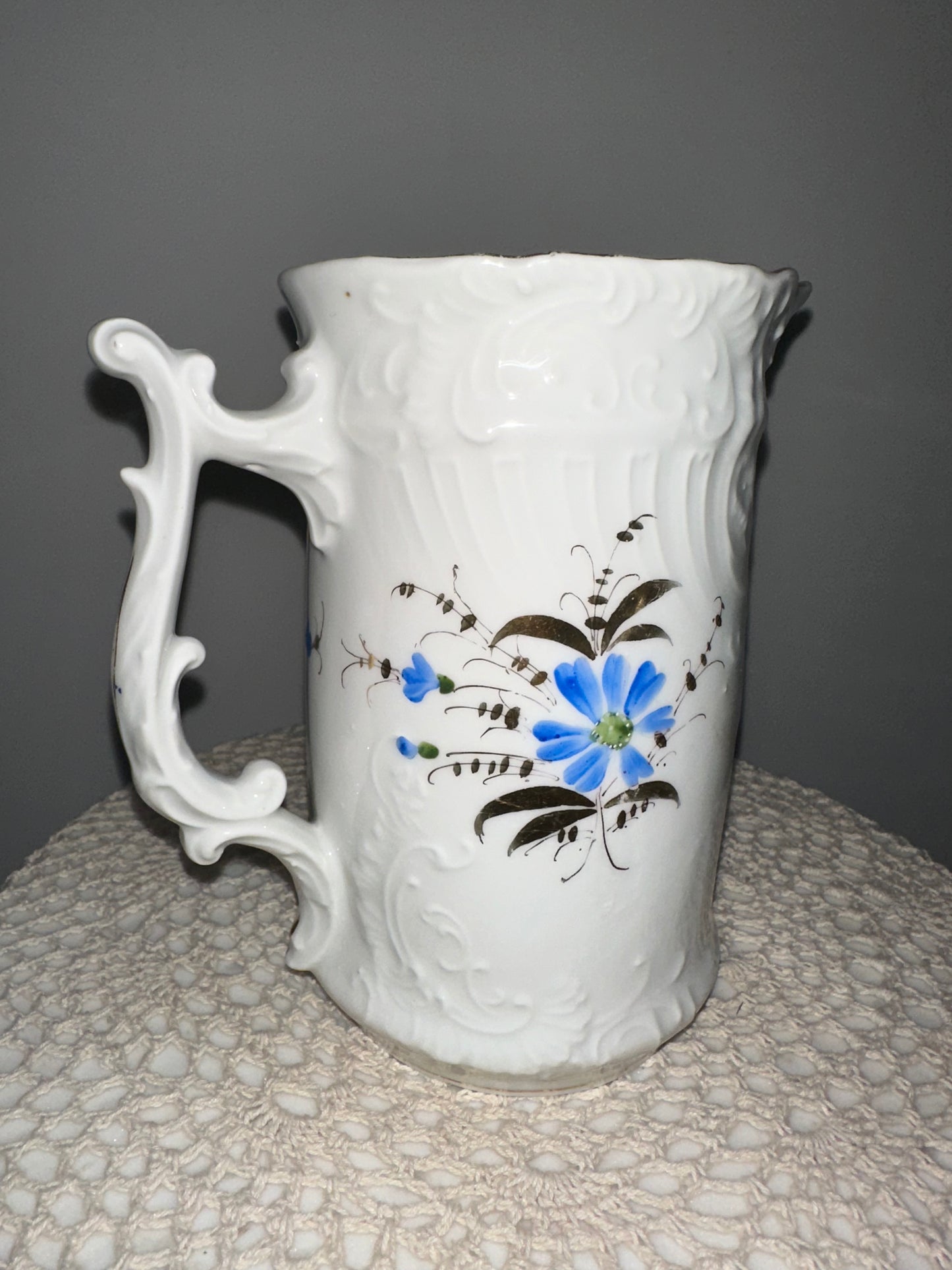 White Pitcher with Blue Flowers
