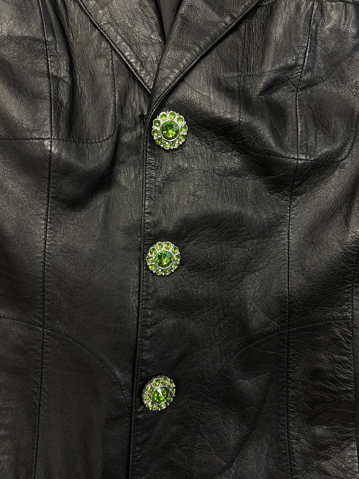 Vintage Black Leather Jacket with Green Gem Buttons