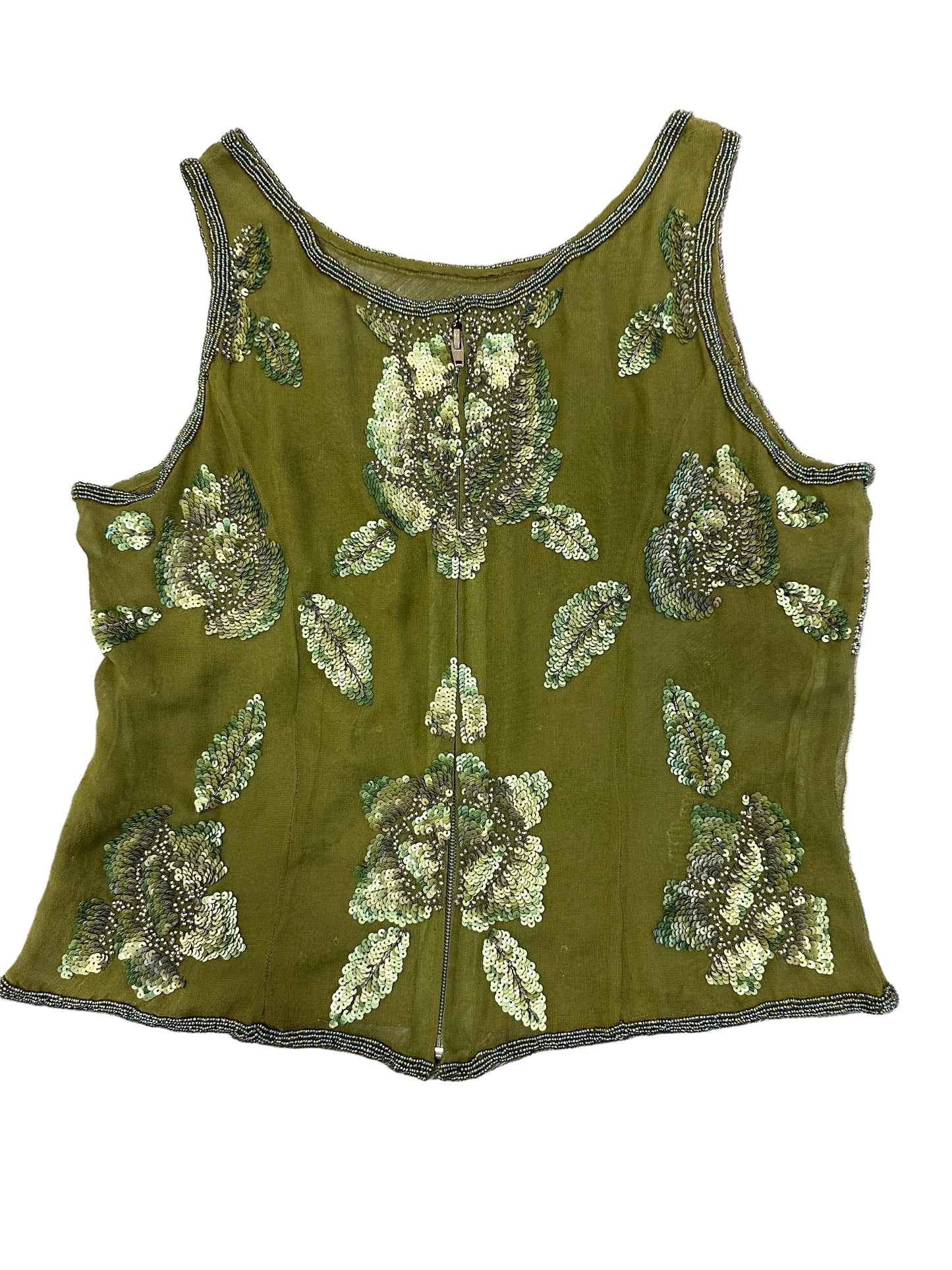 Vintage Olive Green Sheer Embellished Tank Top