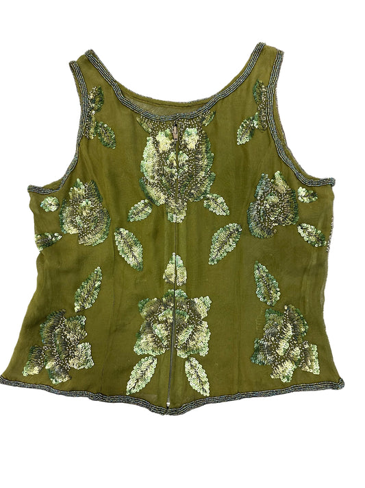 Vintage Olive Green Sheer Embellished Tank Top