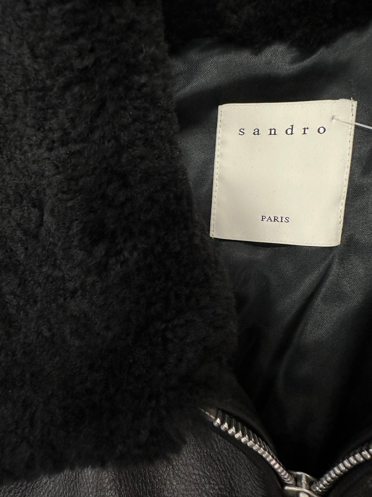 Sandro Black Leather Aviator Bomber Jacket with Shearling Collar