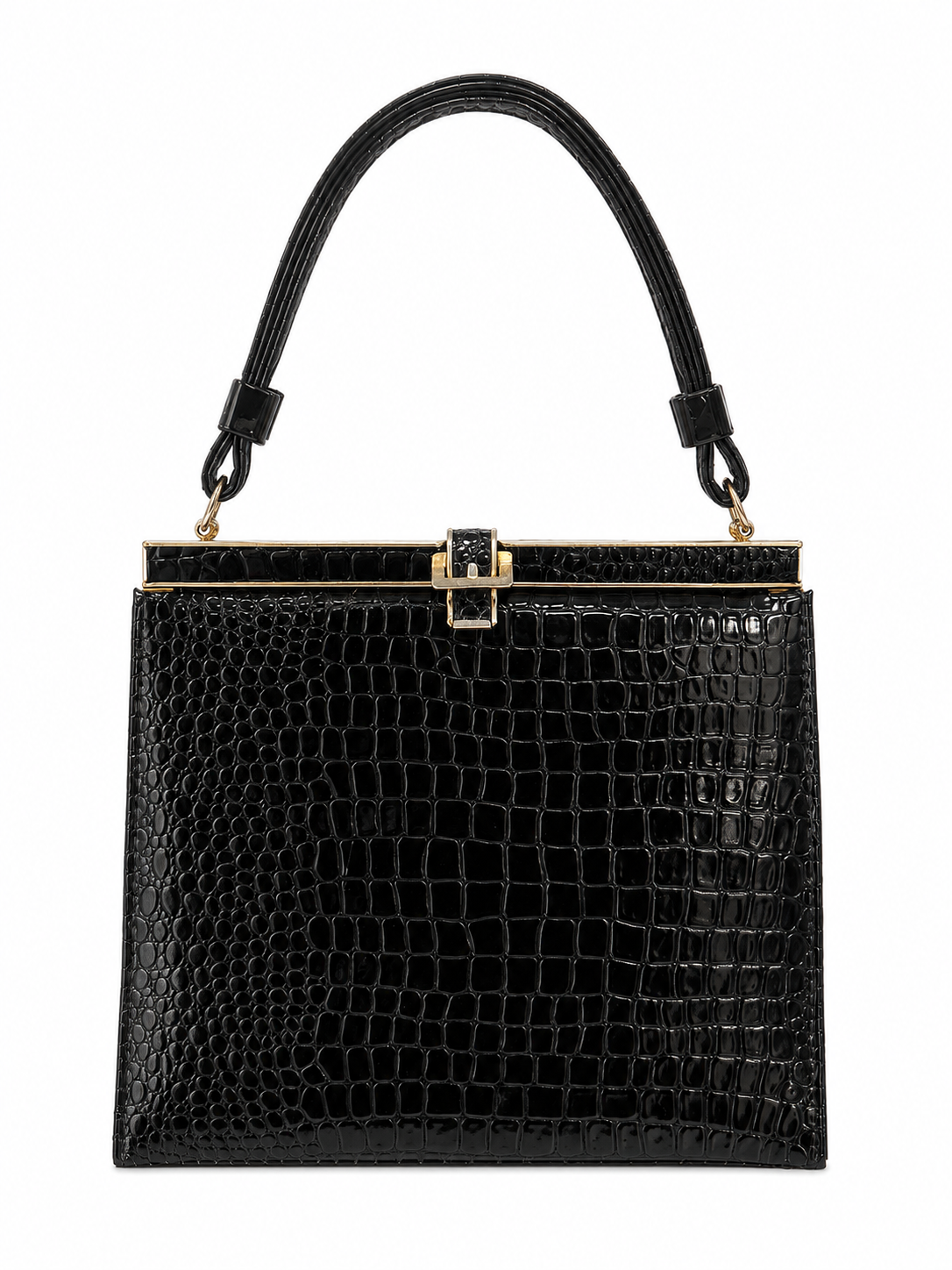 Vintage 1960s Shiny Black Faux Croc Handbag