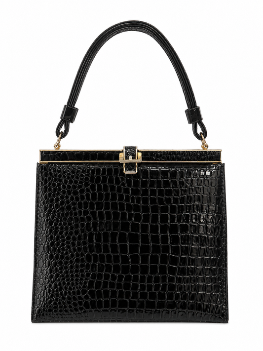 Vintage 1960s Shiny Black Faux Croc Handbag