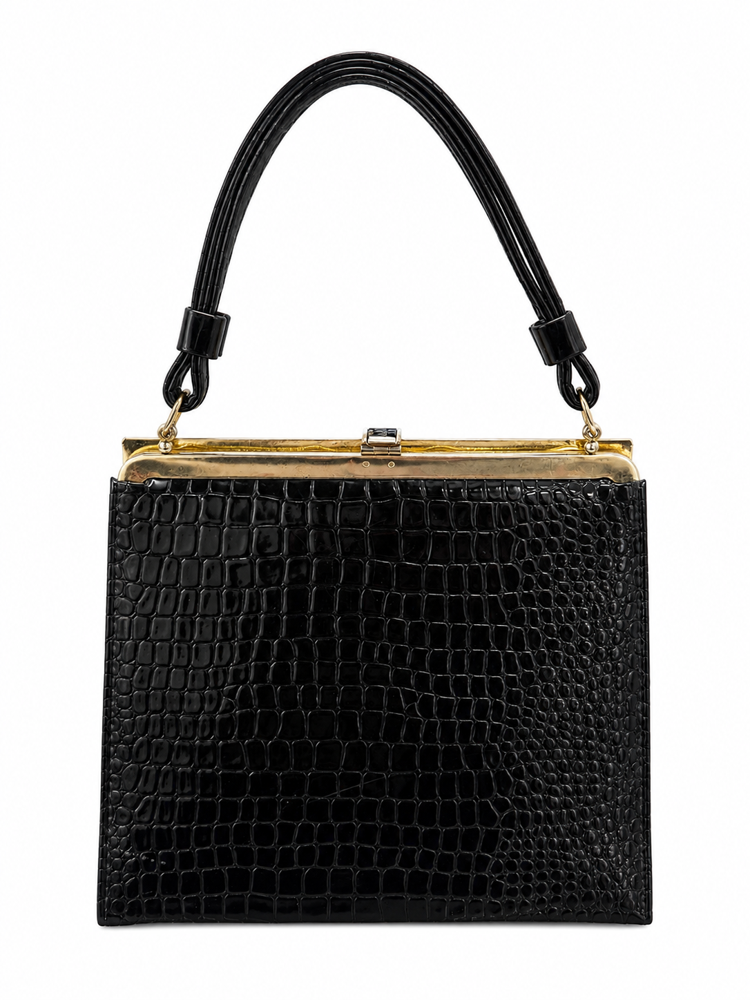 Vintage 1960s Shiny Black Faux Croc Handbag