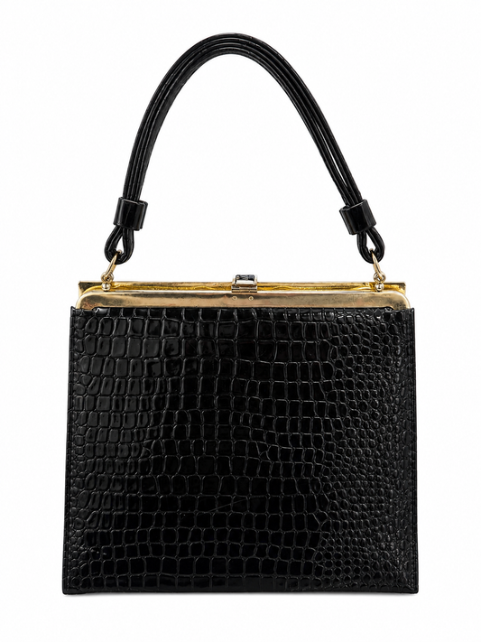Vintage 1960s Shiny Black Faux Croc Handbag