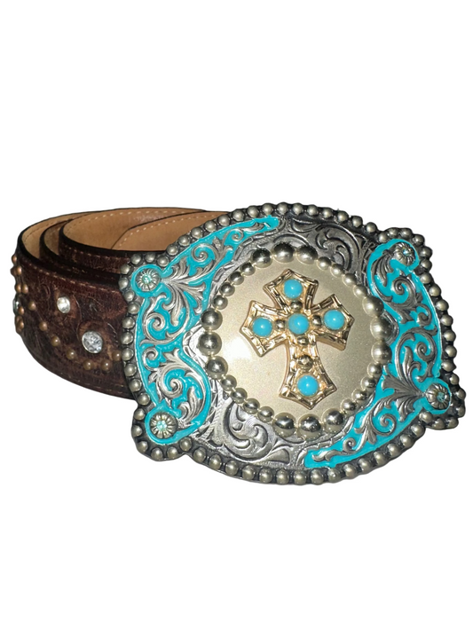 Vintage Leather Belt with Cross Buckle