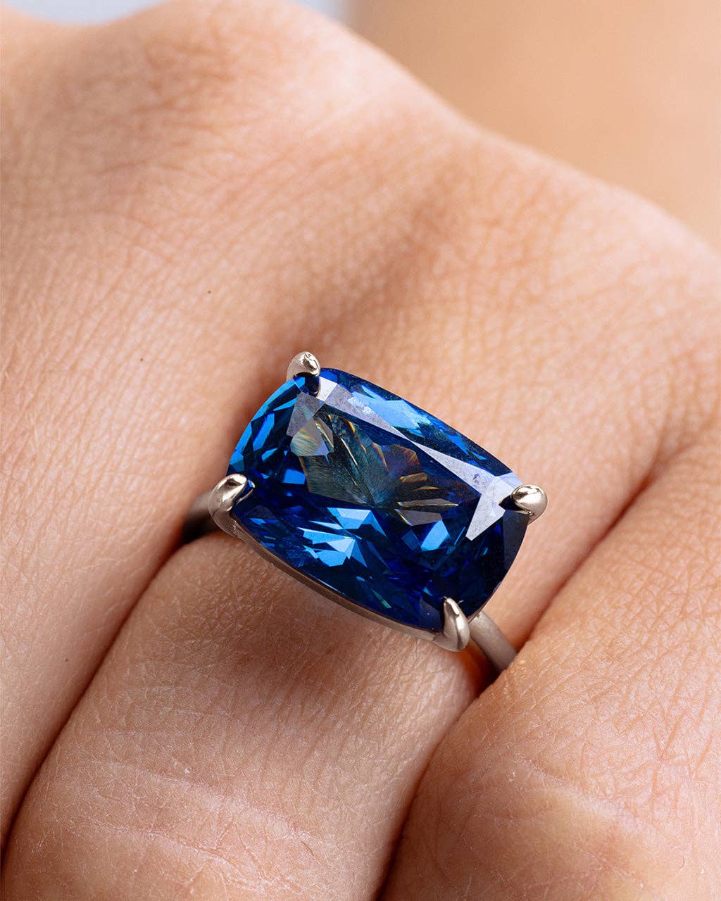 Sterling Silver Sapphire Cushion East-West Ring