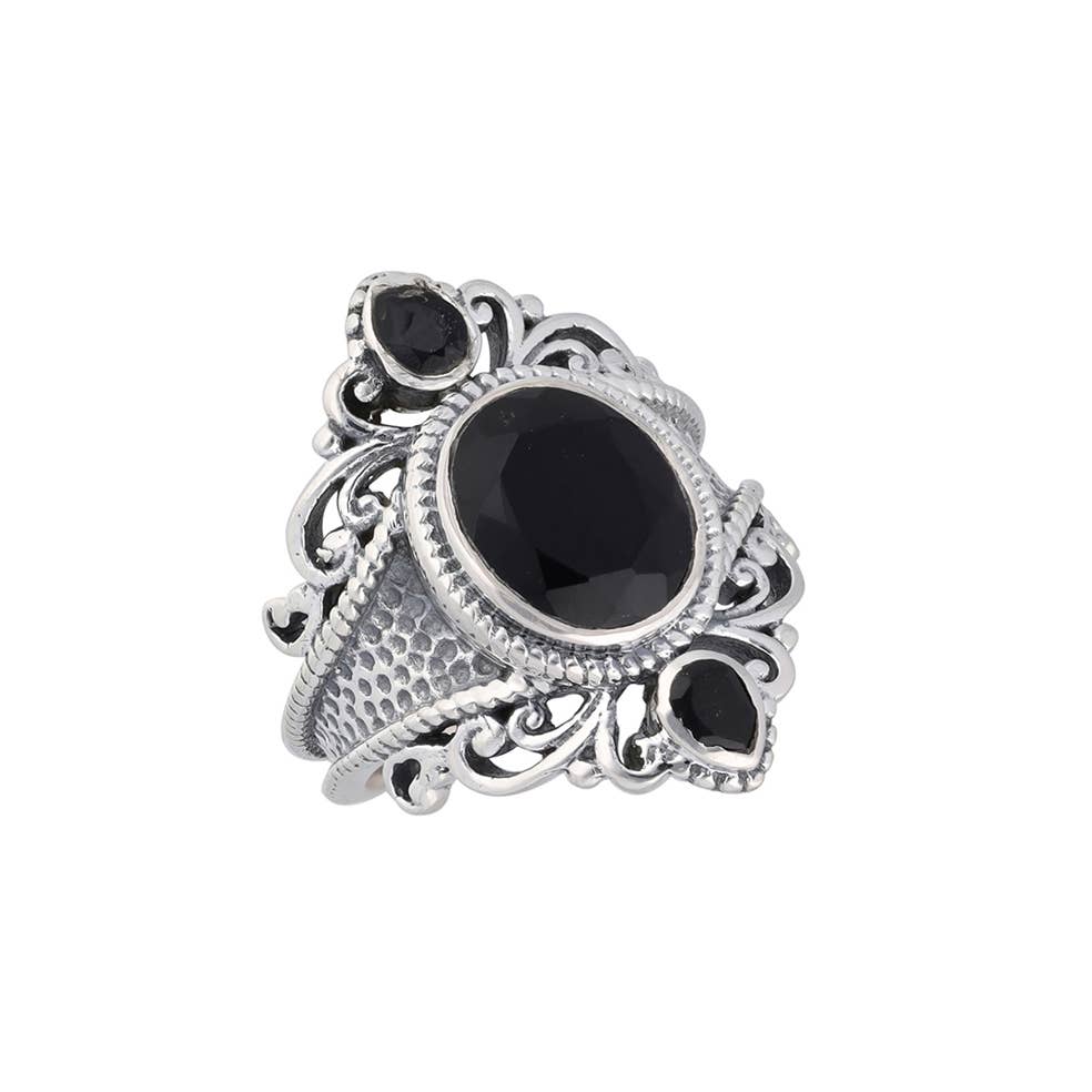 925 Silver Midnight Sovereign Ornate Black Onyx Ring