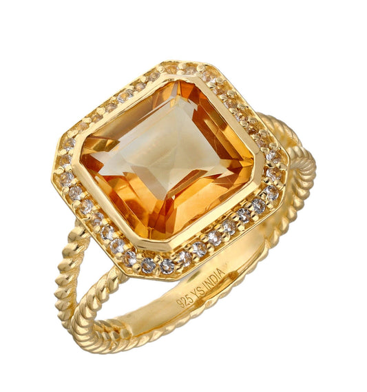 Gold Plated Sterling Silver Citrine Halo Rope Ring